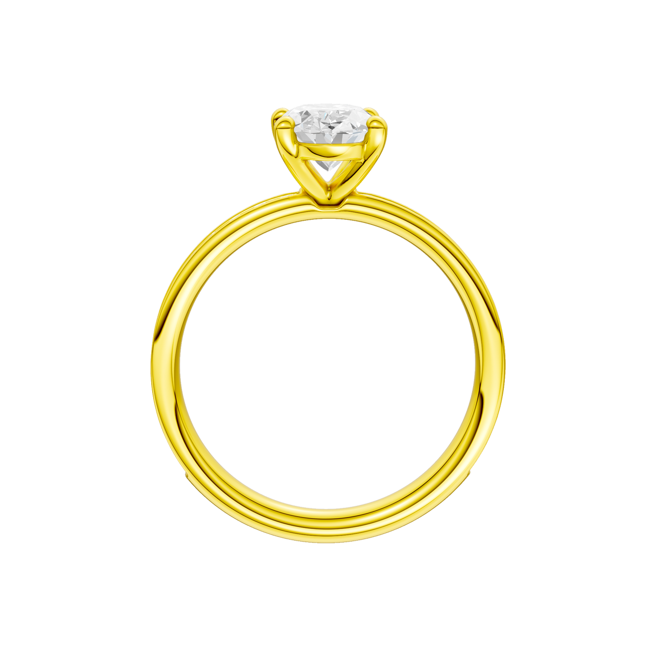 The profile view of the Oval cut diamond engagement ring in 14k yellow gold with a diamond channel band and cathedral setting