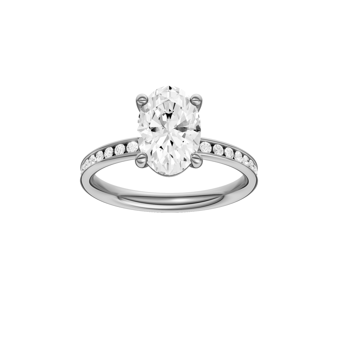 The front view of the Oval cut diamond engagement ring in 14k white gold with a diamond channel band and cathedral setting