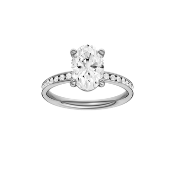 The front view of the Oval cut diamond engagement ring in 14k white gold with a diamond channel band and cathedral setting