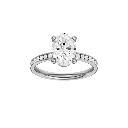 The front view of the Oval cut diamond engagement ring in 14k white gold with a diamond channel band and cathedral setting