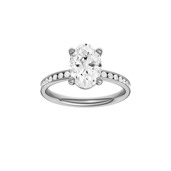 The front view of the Oval cut diamond engagement ring in platinum with a diamond channel band and cathedral setting