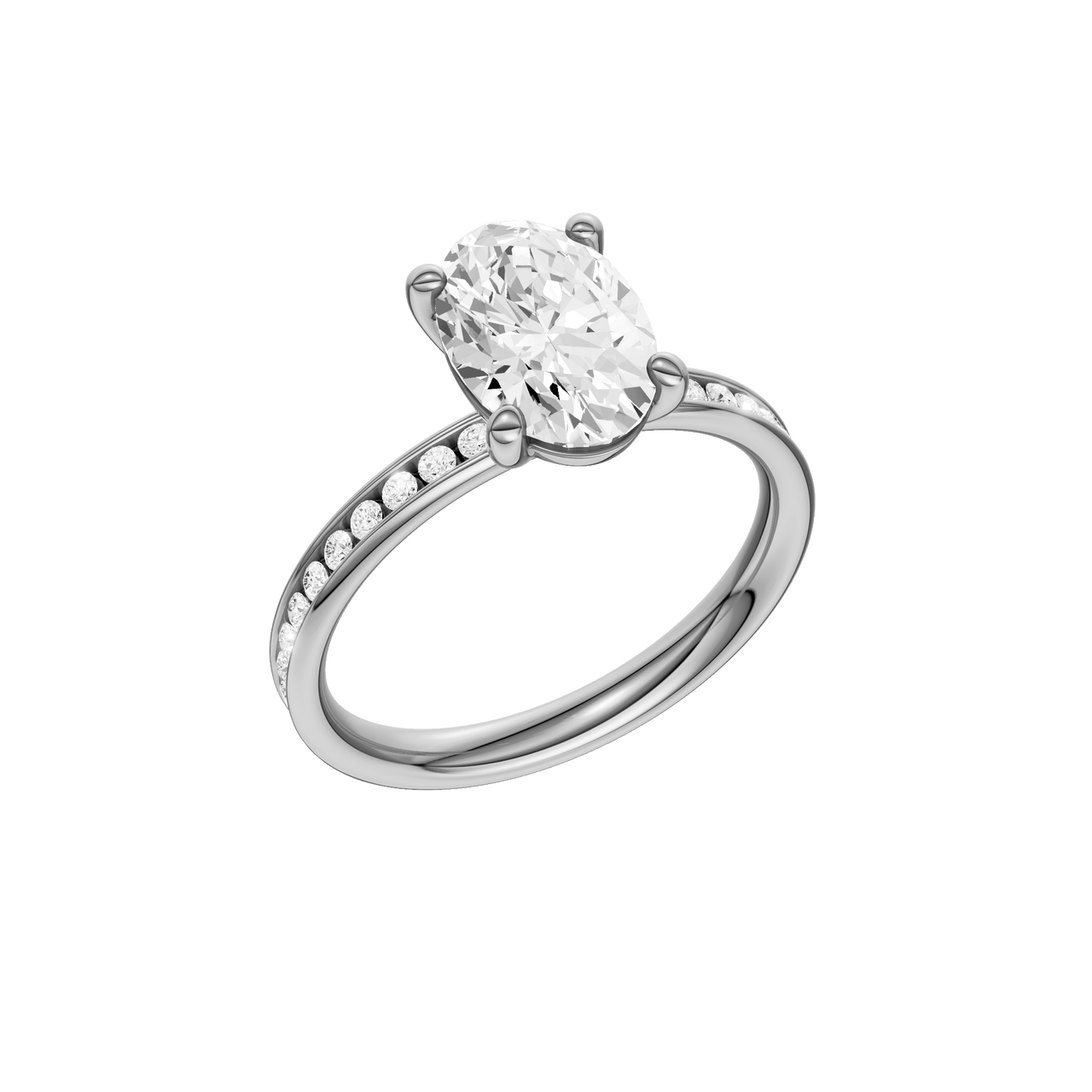 The three-quarter view of the Oval cut diamond engagement ring in 14k white gold with a diamond channel band and cathedral setting