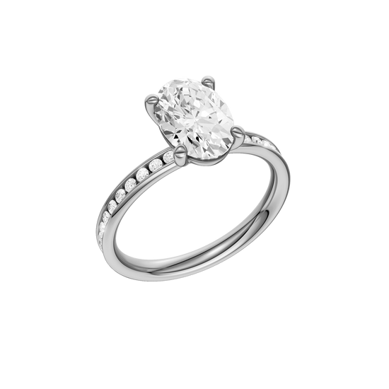 The three-quarter view of the Oval cut diamond engagement ring in platinum with a diamond channel band and cathedral setting