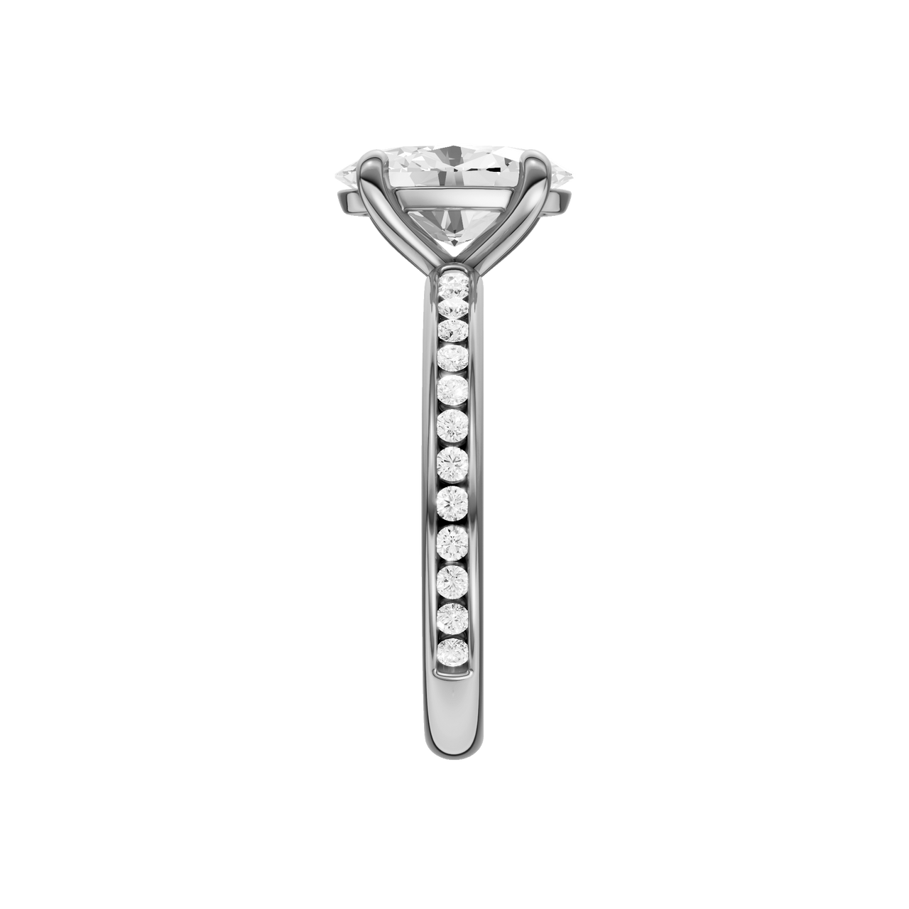 The side view of the Oval cut diamond engagement ring in 14k white gold with a diamond channel band and cathedral setting