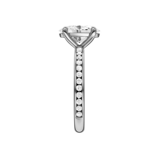 The side view of the Oval cut diamond engagement ring in platinum with a diamond channel band and cathedral setting