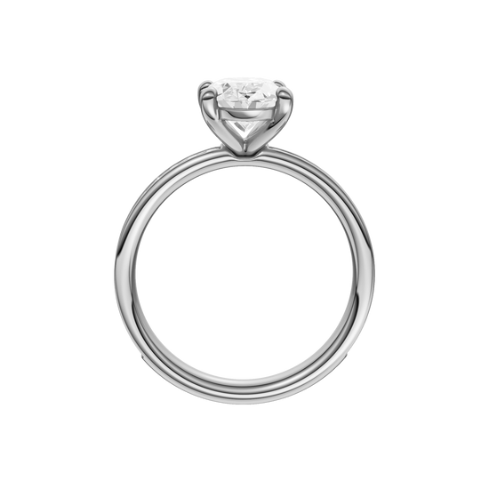 The profile view of the Oval cut diamond engagement ring in 14k white gold with a diamond channel band and cathedral setting
