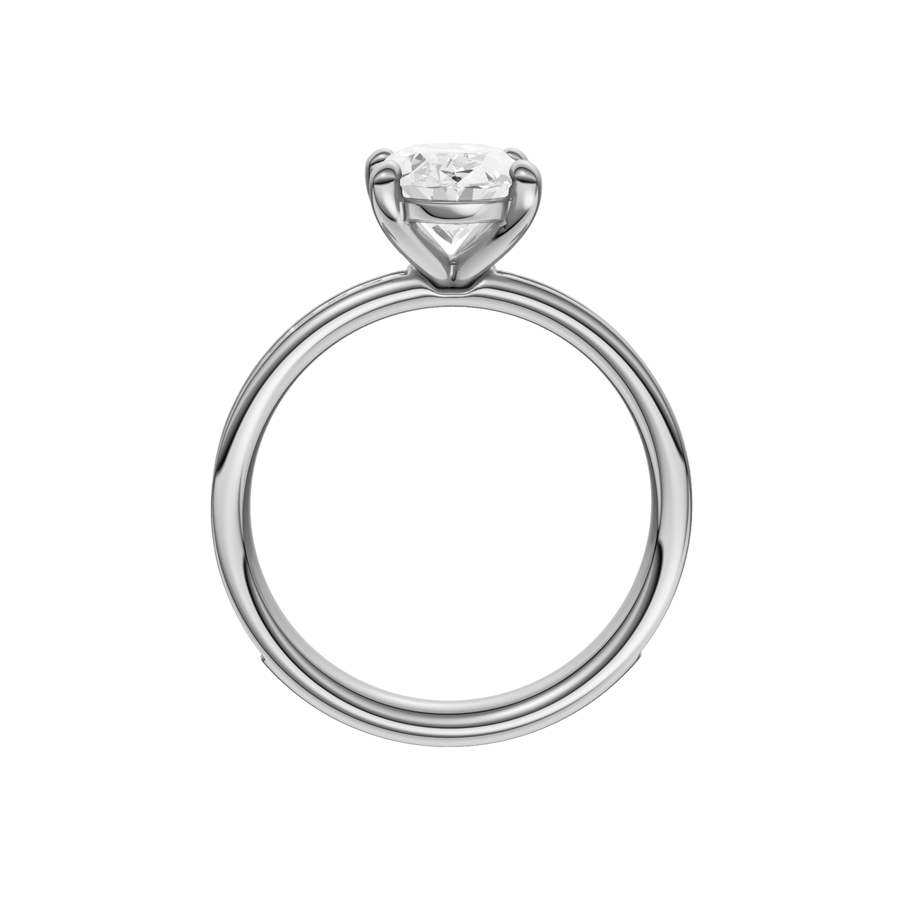 The profile view of the Oval cut diamond engagement ring in platinum with a diamond channel band and cathedral setting