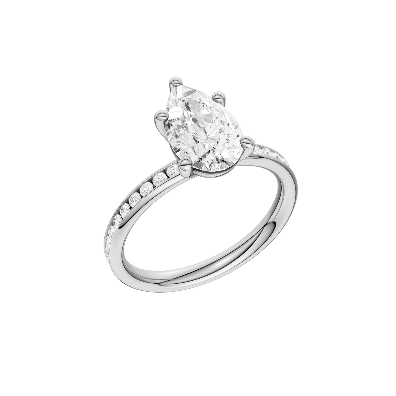 A three-quarter view of the Pear cut diamond engagement ring in 14k white gold with a channel band and solitaire setting