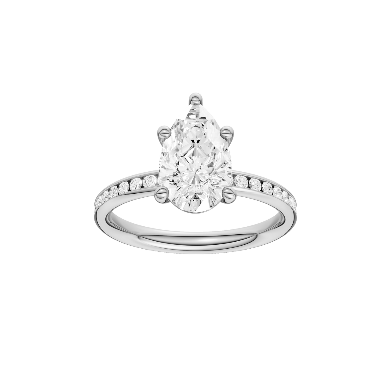 A front view of the Pear cut diamond engagement ring in 14k white gold with a channel band and solitaire setting