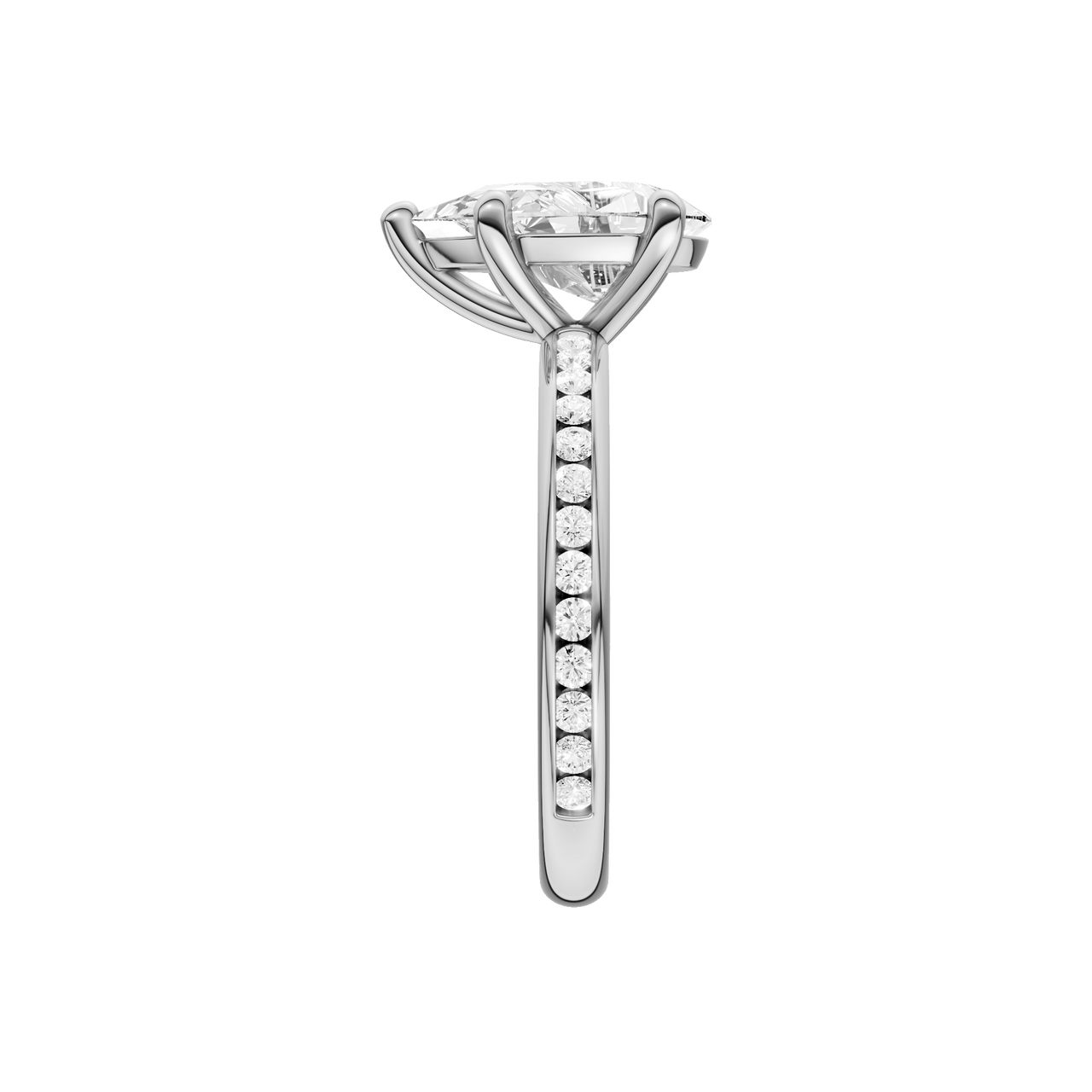 A side view of the Pear cut diamond engagement ring in 14k white gold with a channel band and solitaire setting