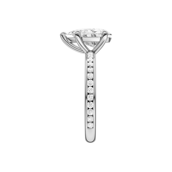 A side view of the Pear cut diamond engagement ring in platinum with a channel band and solitaire setting