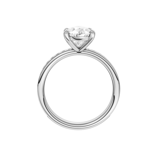 A profile view of the Pear cut diamond engagement ring in 14k white gold with a channel band and solitaire setting