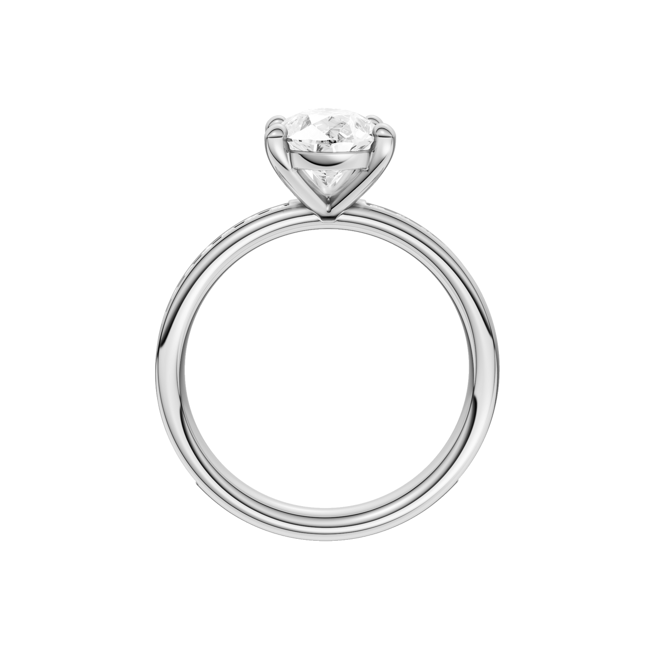 A profile view of the Pear cut diamond engagement ring in platinum with a channel band and solitaire setting