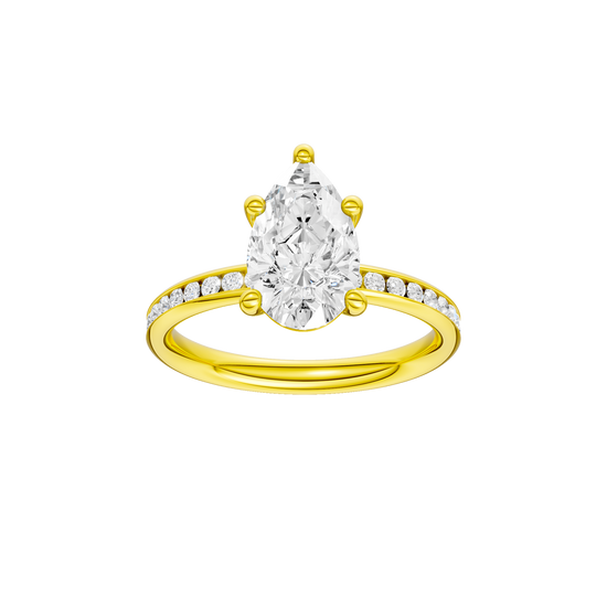 A front view of the Pear cut diamond engagement ring in 14k yellow gold with a channel band and solitaire setting