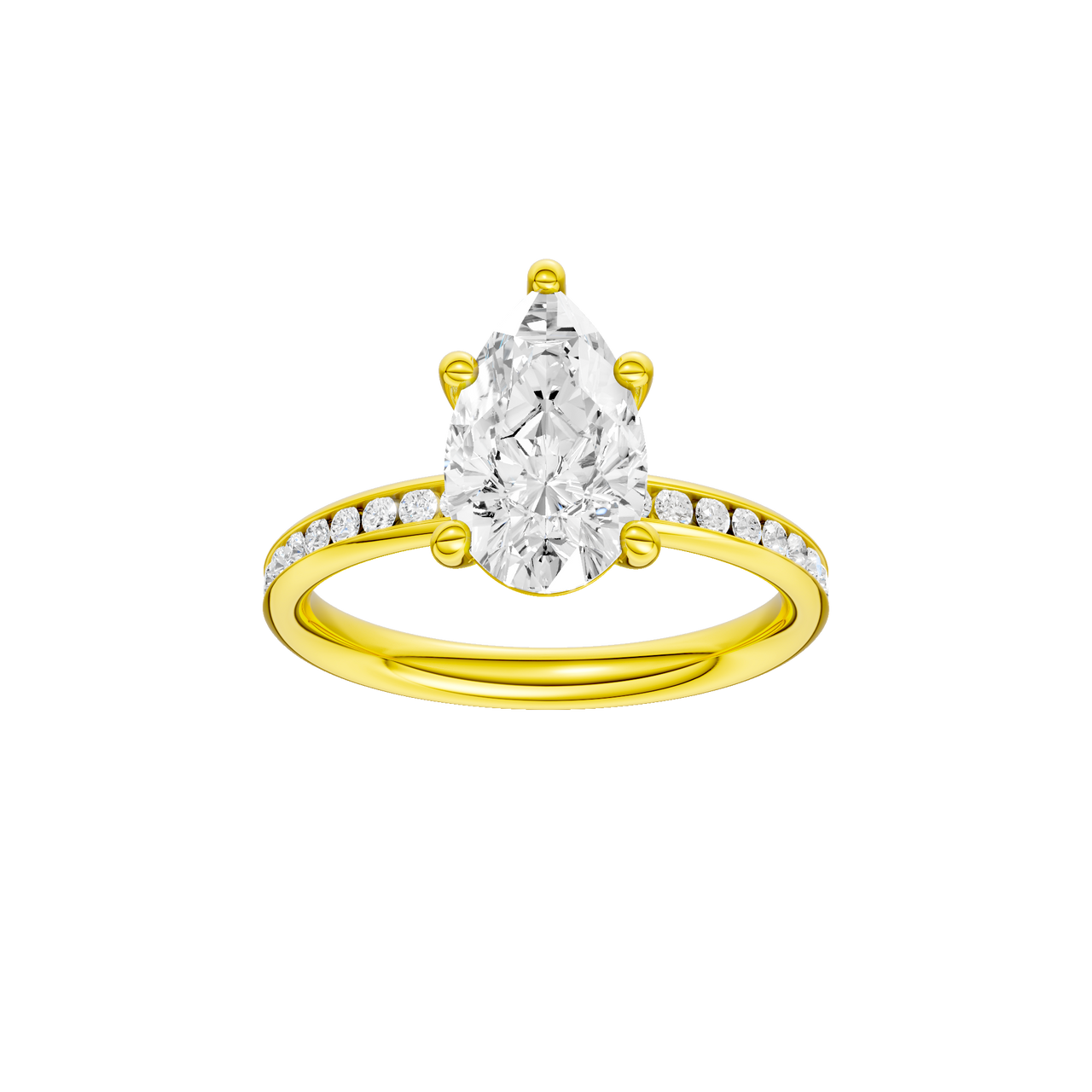 A front view of the Pear cut diamond engagement ring in 14k yellow gold with a channel band and solitaire setting