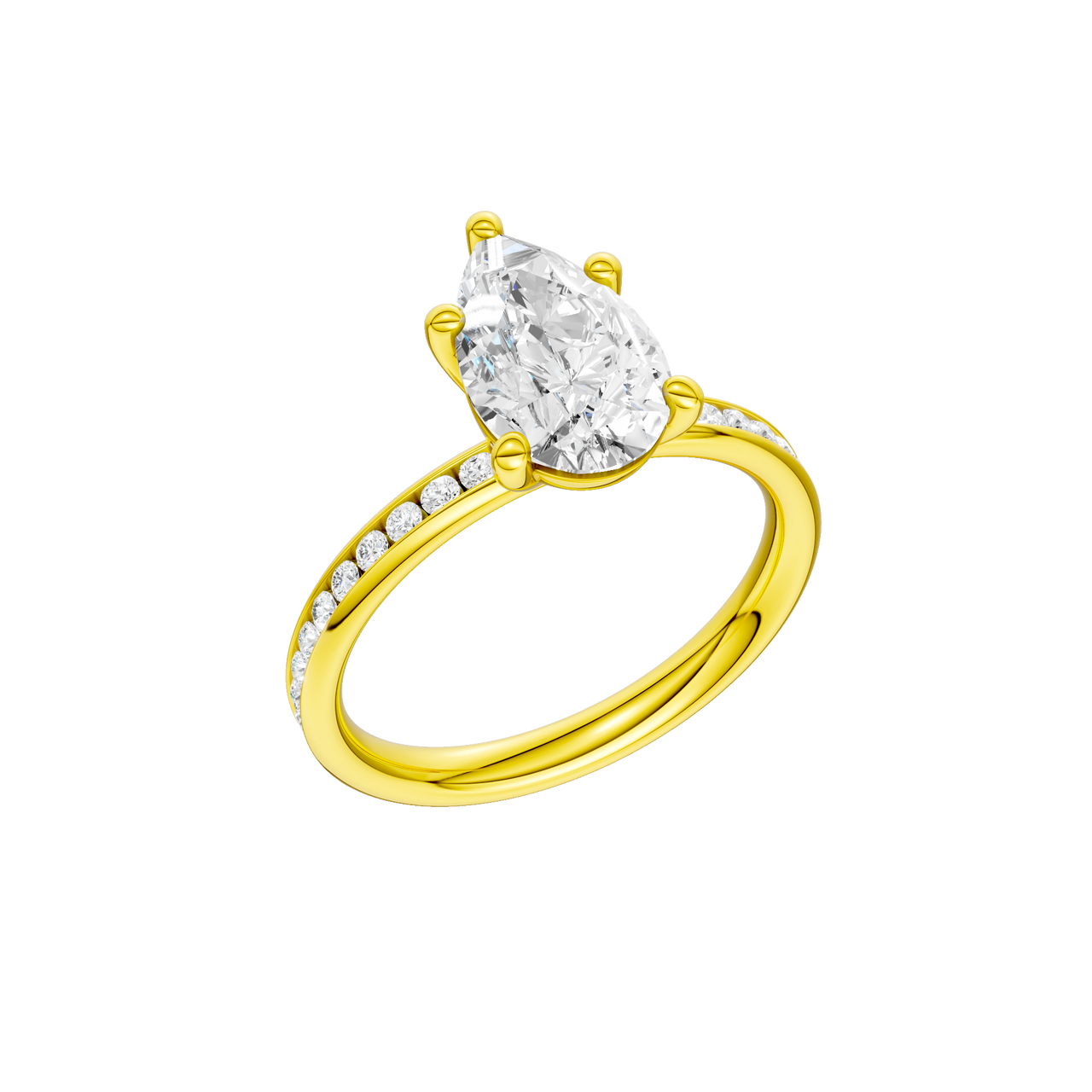 A three-quarter view of the Pear cut diamond engagement ring in 14k yellow gold with a channel band and solitaire setting