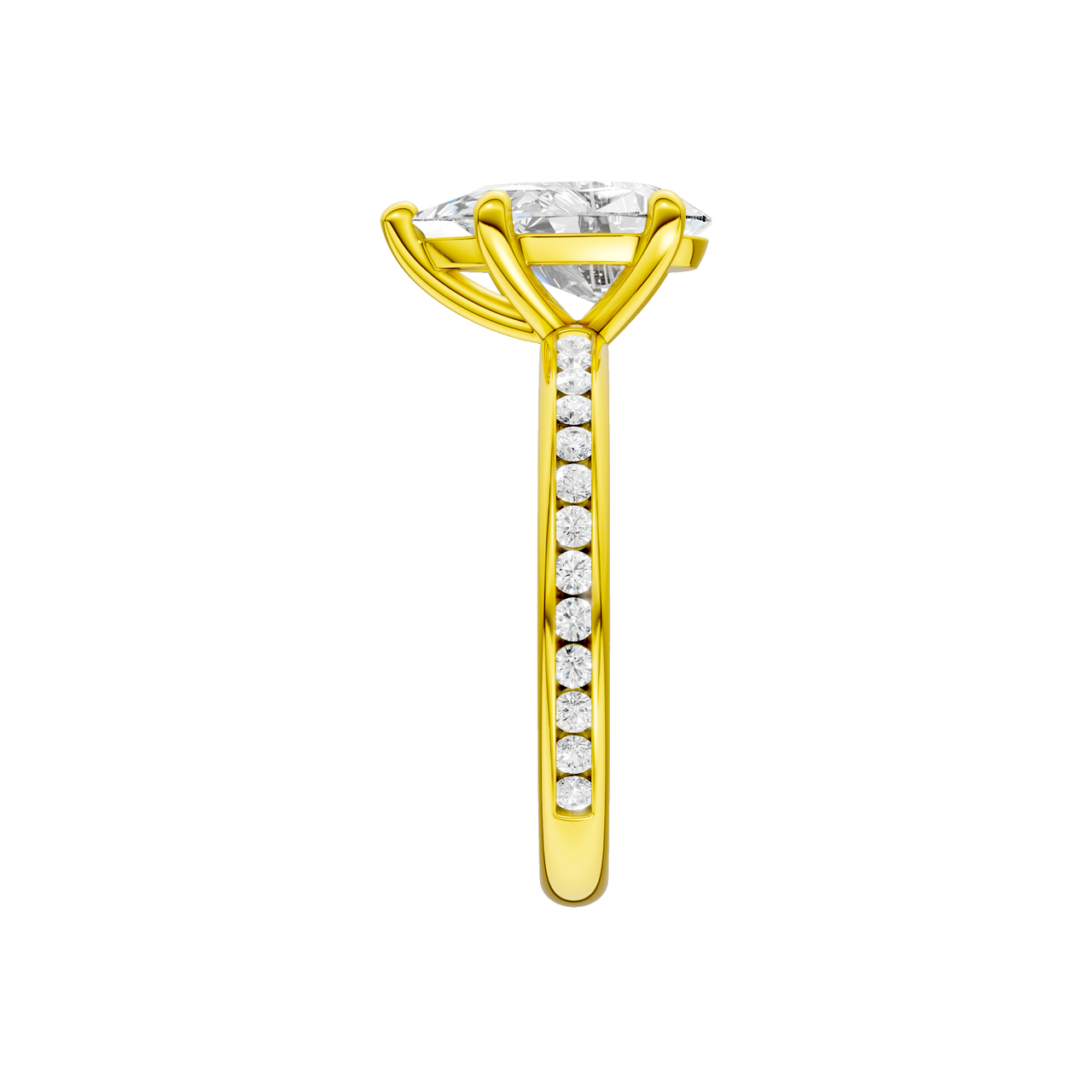 A side view of the Pear cut diamond engagement ring in 14k yellow gold with a channel band and solitaire setting