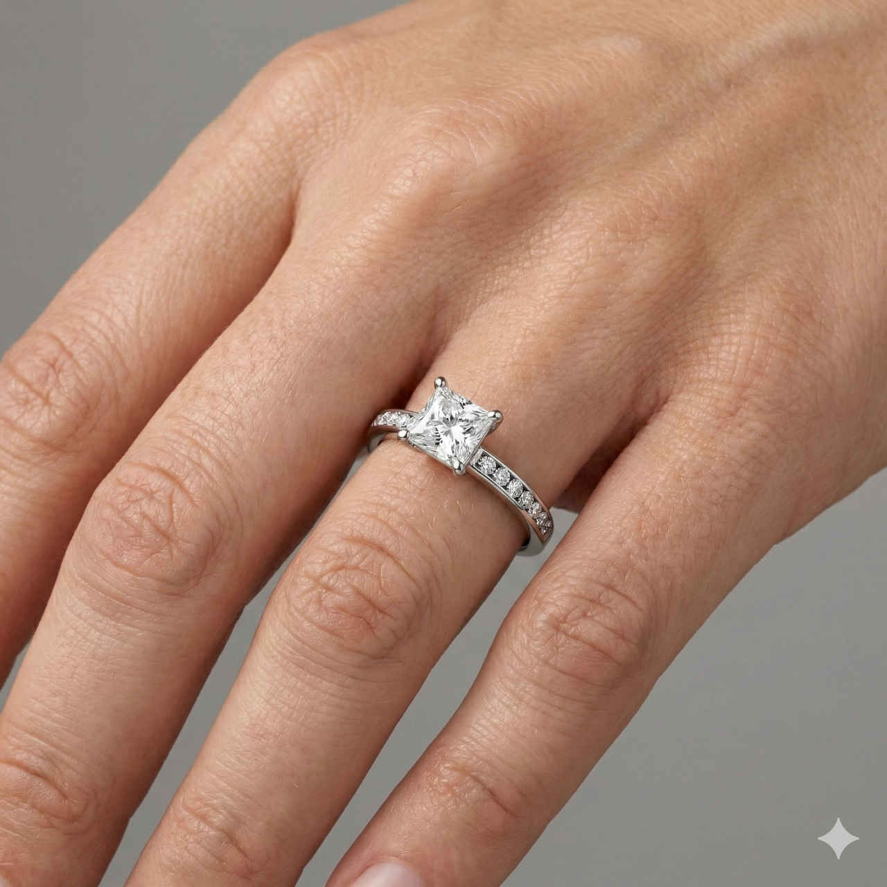 Princess cut diamond engagement ring in 14k white gold with a diamond channel band and cathedral setting on a hand