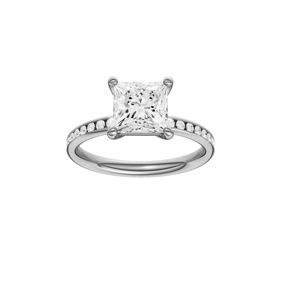 A front view of the Princess cut diamond engagement ring in 14k white gold with a diamond channel band and cathedral setting