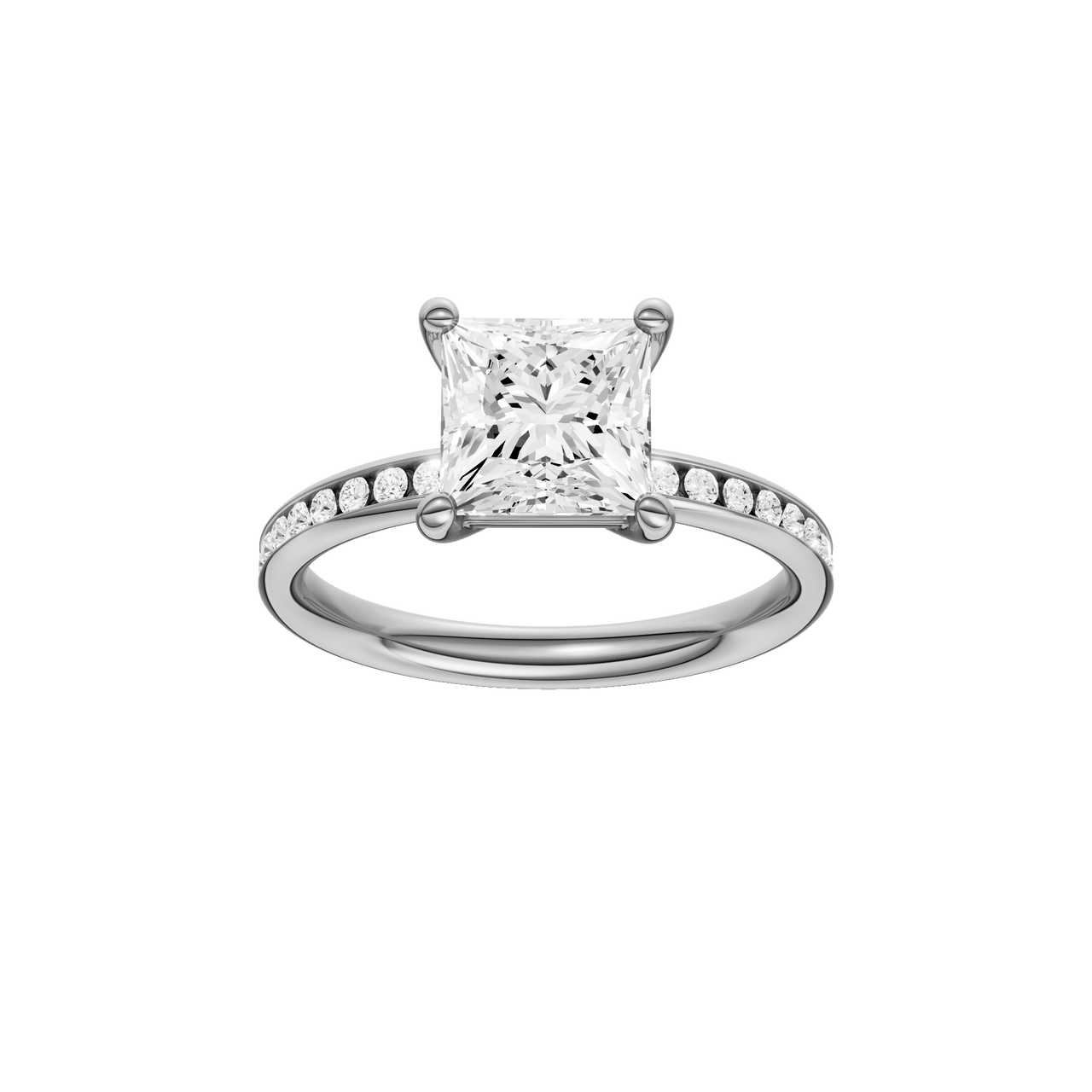 A front view of the Princess cut diamond engagement ring in platinum with a diamond channel band and cathedral setting