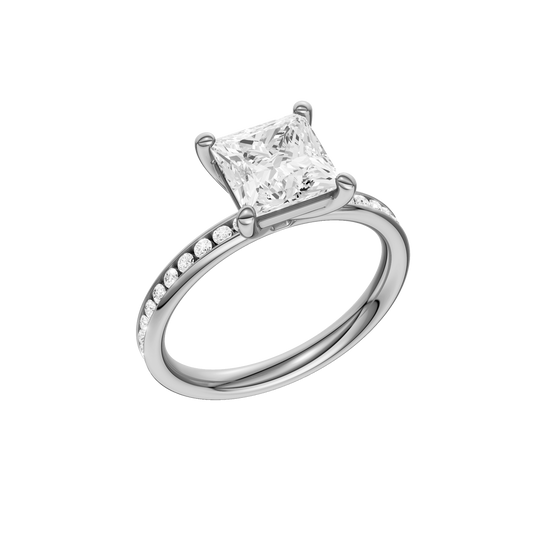 A three-quarter view of the Princess cut diamond engagement ring in 14k white gold with a diamond channel band and cathedral setting