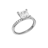 A three-quarter view of the Princess cut diamond engagement ring in 14k white gold with a diamond channel band and cathedral setting