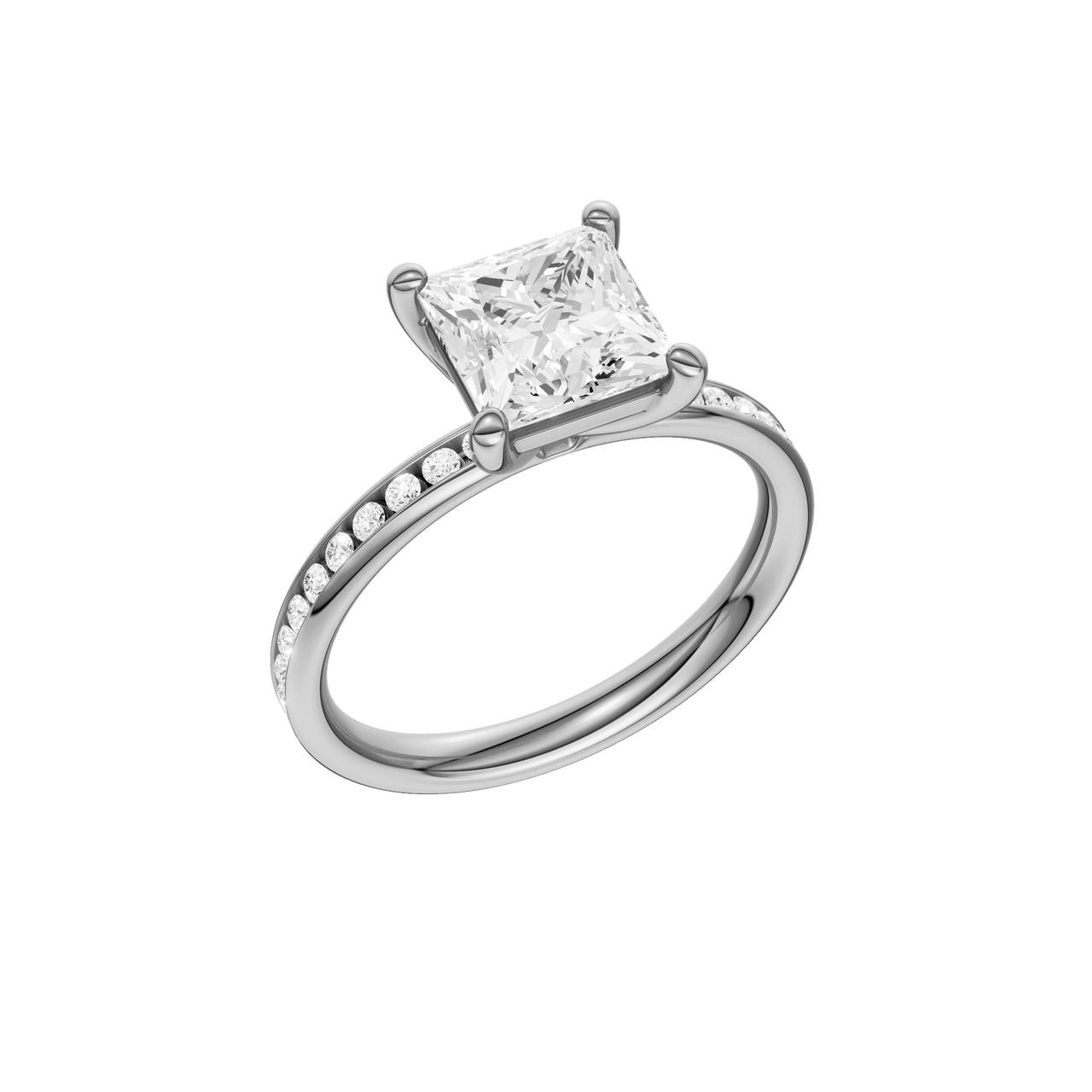 A three-quarter view of the Princess cut diamond engagement ring in 14k white gold with a diamond channel band and cathedral setting