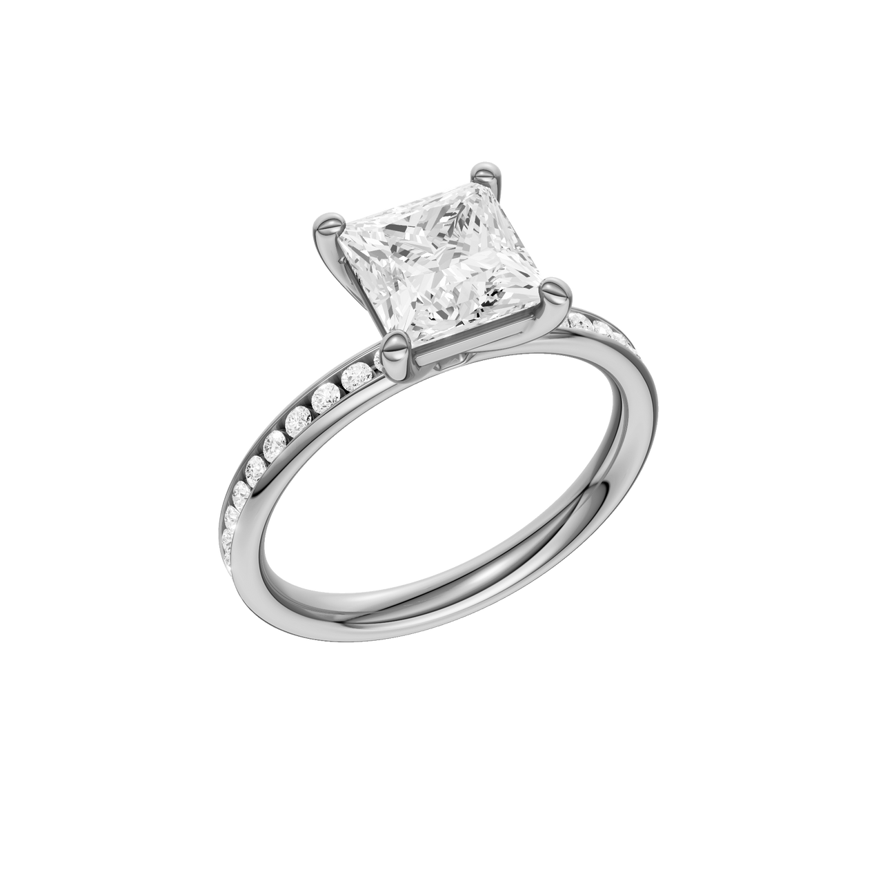 A three-quarter view of the Princess cut diamond engagement ring in platinum with a diamond channel band and cathedral setting
