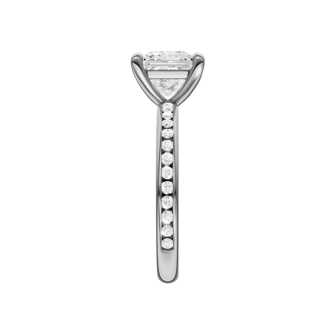 A side view of the Princess cut diamond engagement ring in platinum with a diamond channel band and cathedral setting