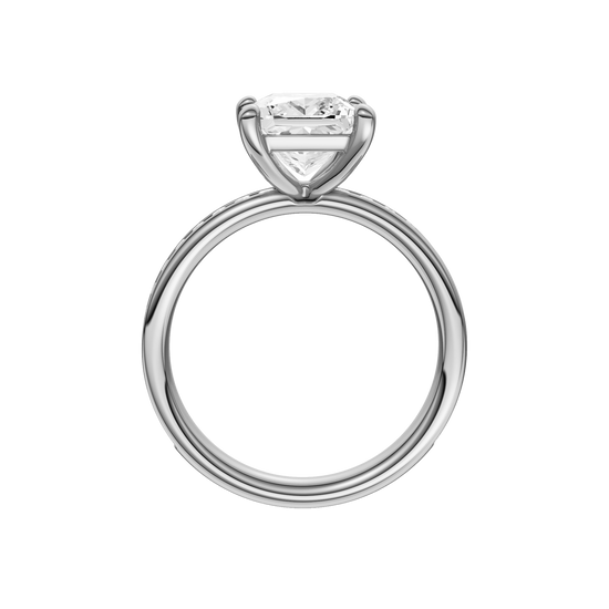 A profile view of the Princess cut diamond engagement ring in platinum with a diamond channel band and cathedral setting