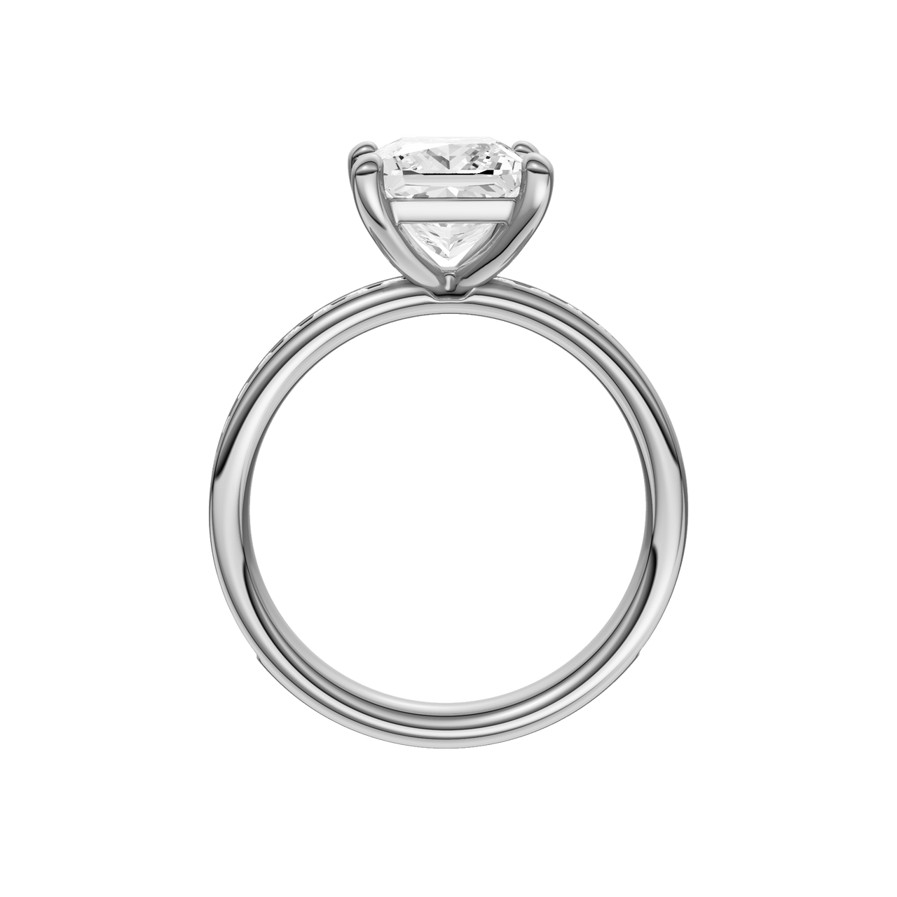A profile view of the Princess cut diamond engagement ring in platinum with a diamond channel band and cathedral setting