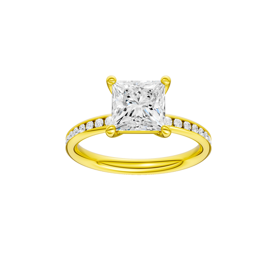 A front view of the Princess cut diamond engagement ring in 14k yellow gold with a diamond channel band and cathedral setting