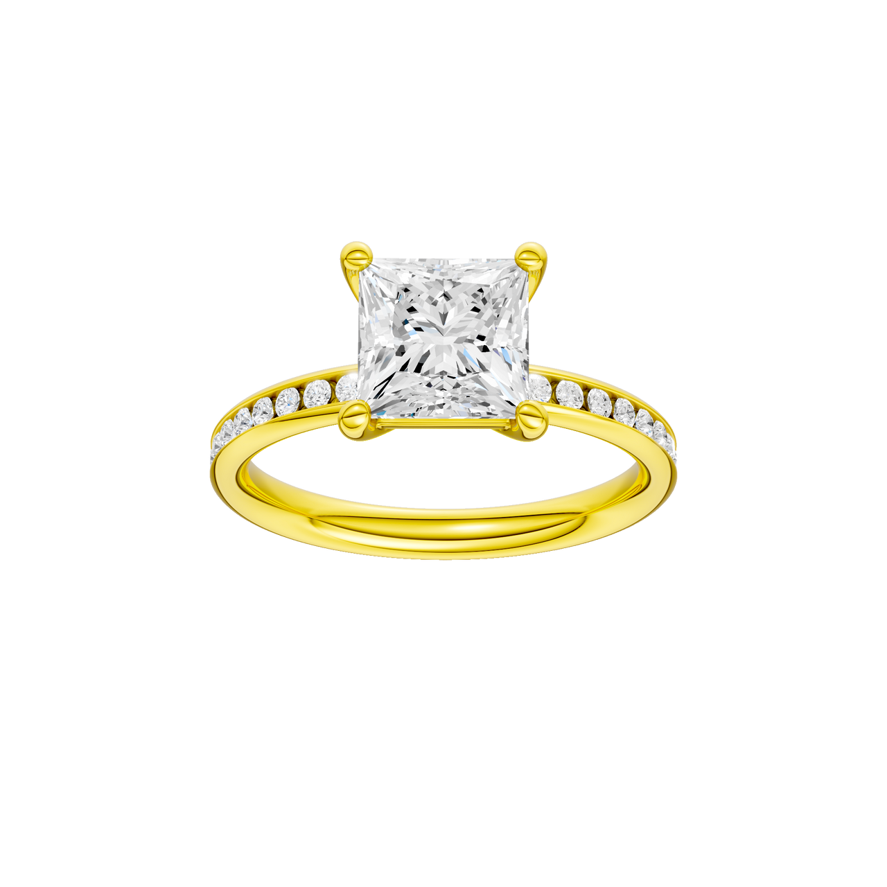 A front view of the Princess cut diamond engagement ring in 14k yellow gold with a diamond channel band and cathedral setting