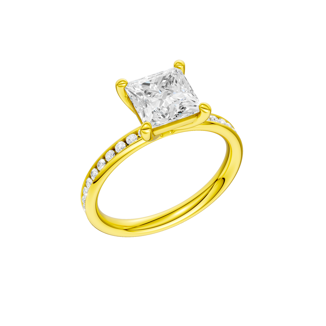 A three-quarter view of the Princess cut diamond engagement ring in 14k yellow gold with a diamond channel band and cathedral setting
