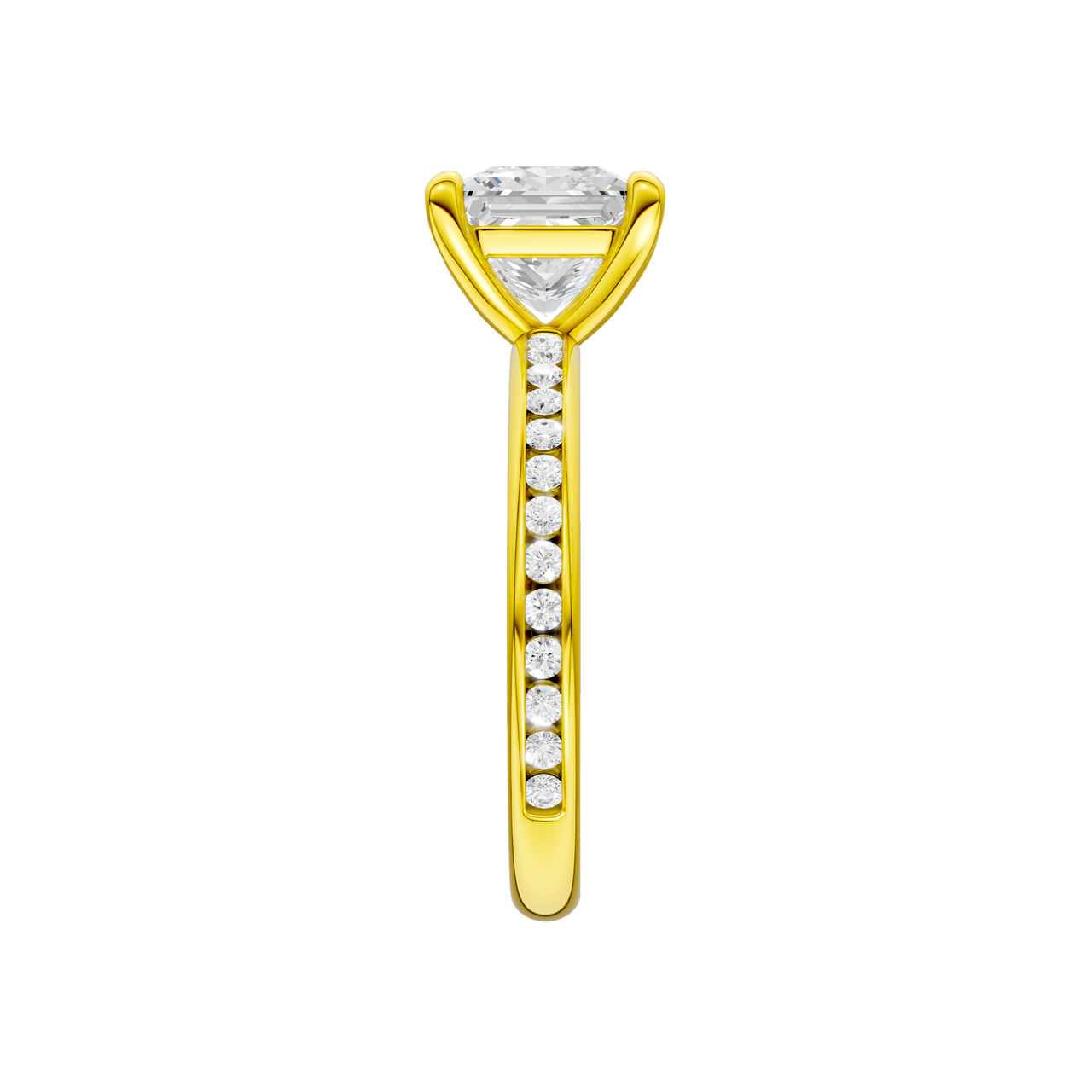 A side view of the Princess cut diamond engagement ring in 14k yellow gold with a diamond channel band and cathedral setting