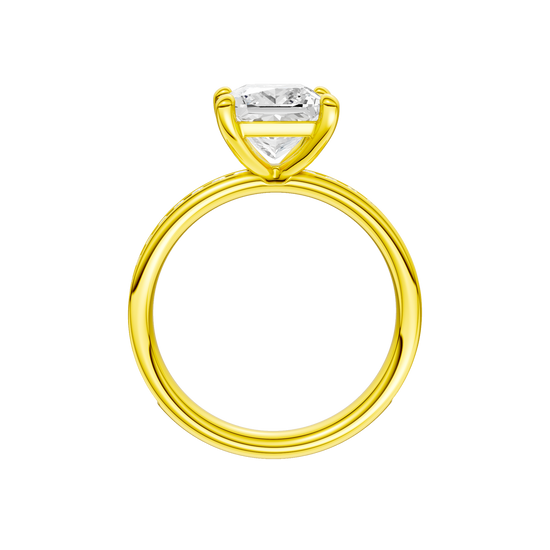 A profile view of the Princess cut diamond engagement ring in 14k yellow gold with a diamond channel band and cathedral setting