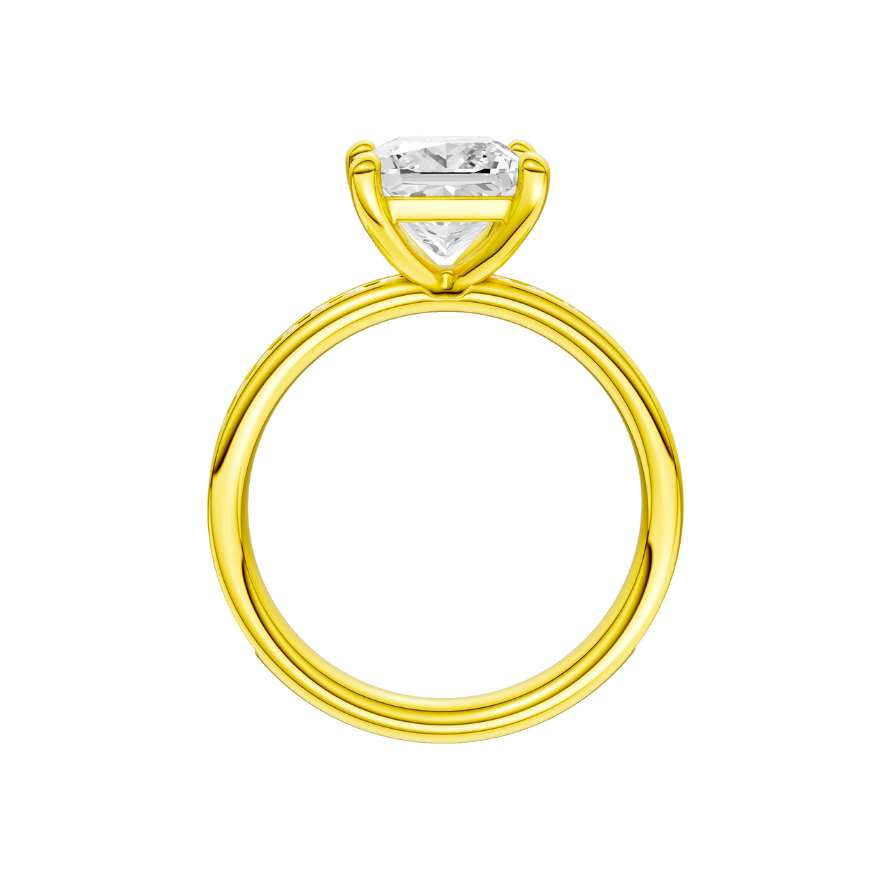 A profile view of the Princess cut diamond engagement ring in 14k yellow gold with a diamond channel band and cathedral setting