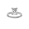A front view of the Radiant cut diamond engagement ring in 14k white gold with a diamond channel band and cathedral setting.
