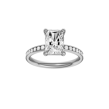 A front view of the Radiant cut diamond engagement ring in 14k white gold with a diamond channel band and cathedral setting.