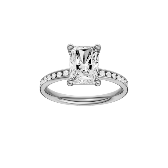 A front view of the Radiant cut diamond engagement ring in platinum with a diamond channel band and cathedral setting.