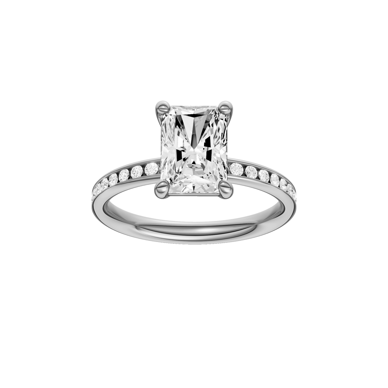 A front view of the Radiant cut diamond engagement ring in platinum with a diamond channel band and cathedral setting.
