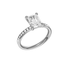 A three-quarter view of the Radiant cut diamond engagement ring in platinum with a diamond channel band and cathedral setting.