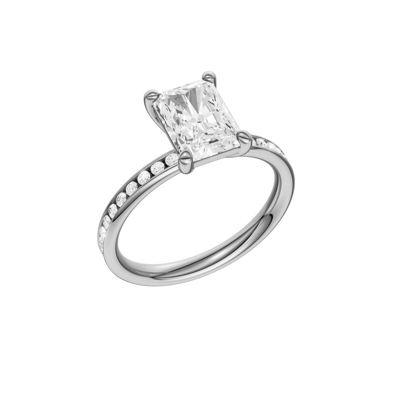 A three-quarter view of the Radiant cut diamond engagement ring in platinum with a diamond channel band and cathedral setting.
