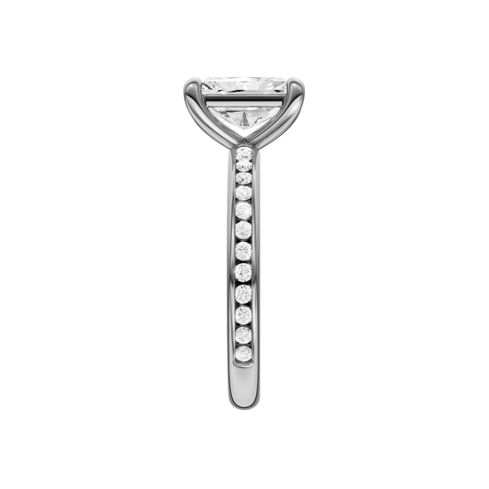 A side view of the Radiant cut diamond engagement ring in platinum with a diamond channel band and cathedral setting.