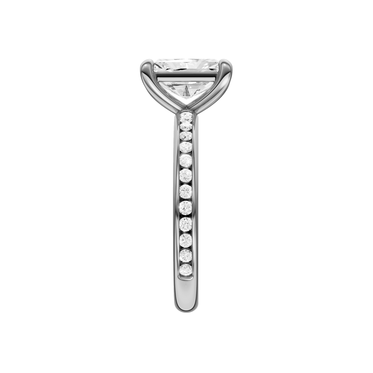 A side view of the Radiant cut diamond engagement ring in 14k white gold with a diamond channel band and cathedral setting.