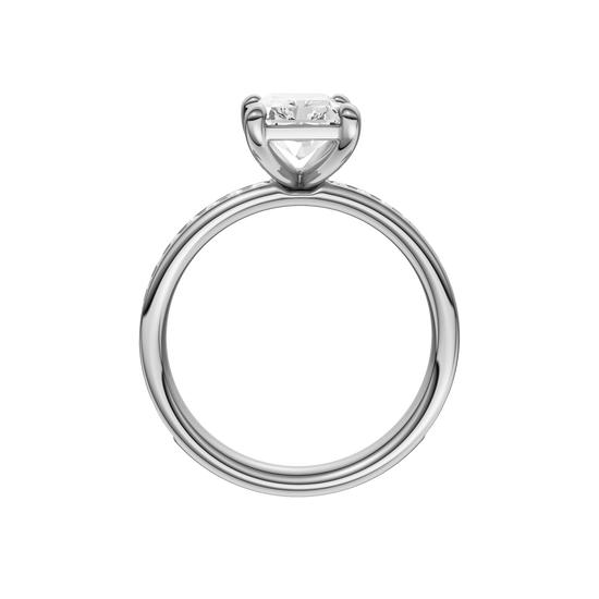 A profile view of the Radiant cut diamond engagement ring in platinum with a diamond channel band and cathedral setting.