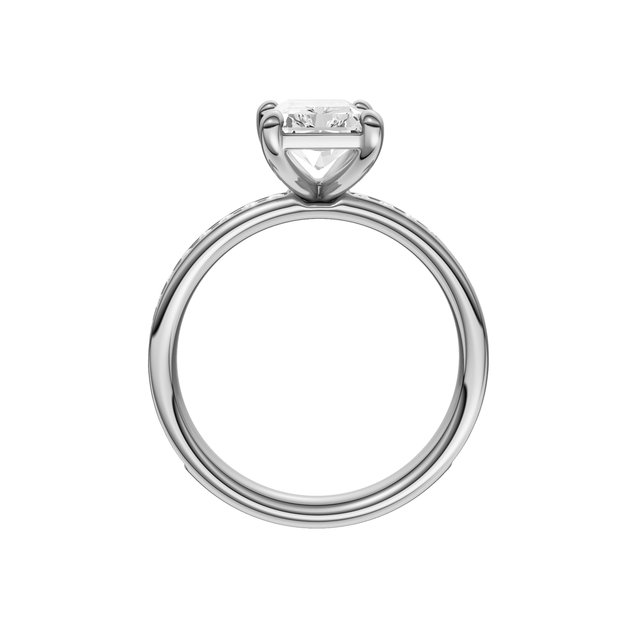 A profile view of the Radiant cut diamond engagement ring in platinum with a diamond channel band and cathedral setting.