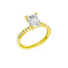 A three-quarter view of the Radiant cut diamond engagement ring in 14k yellow gold with a diamond channel band and cathedral setting.