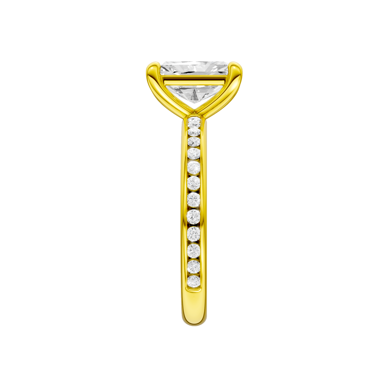 A side view of the Radiant cut diamond engagement ring in 14k yellow gold with a diamond channel band and cathedral setting.