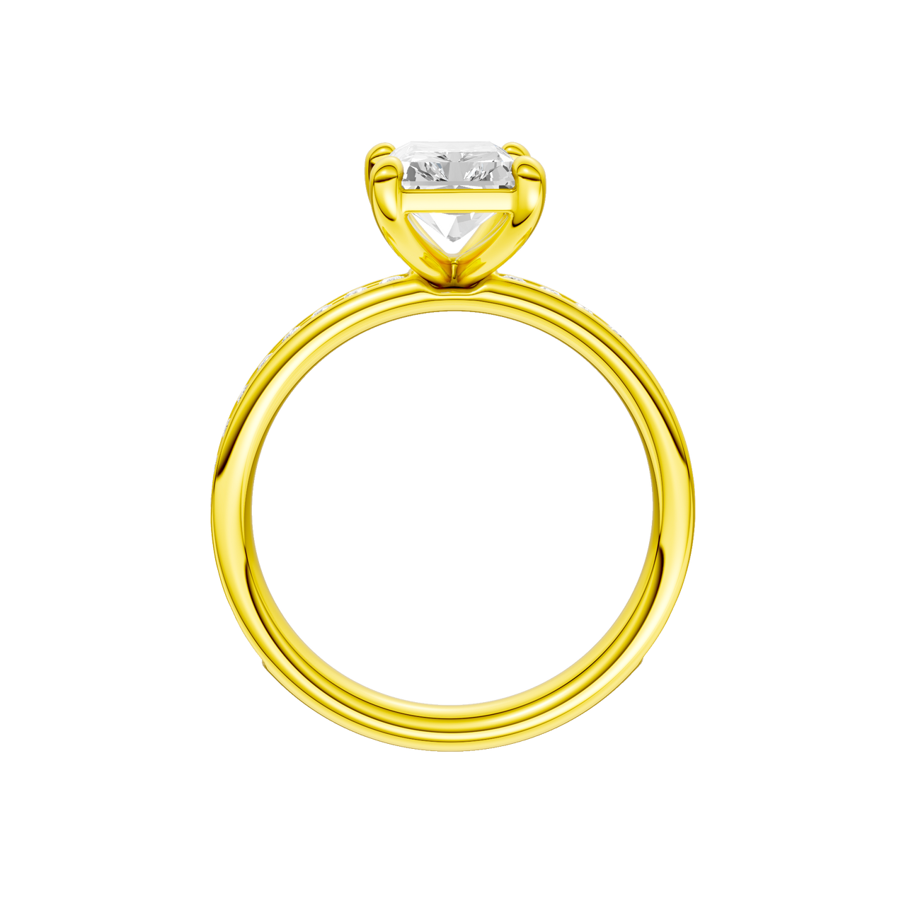 A profile view of the Radiant cut diamond engagement ring in 14k yellow gold with a diamond channel band and cathedral setting.